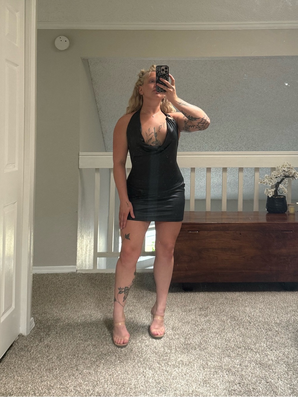 Black Halter Mini Dress - leather Women's Party Dress